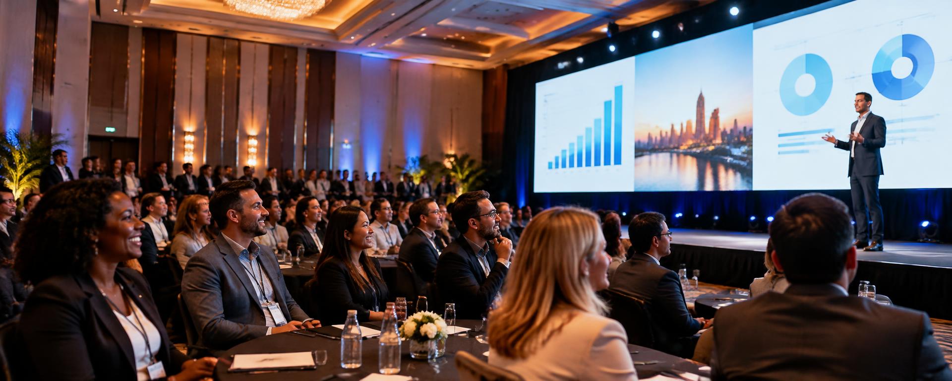 Corporate keynote on an LED video wall in a hotel ballroom